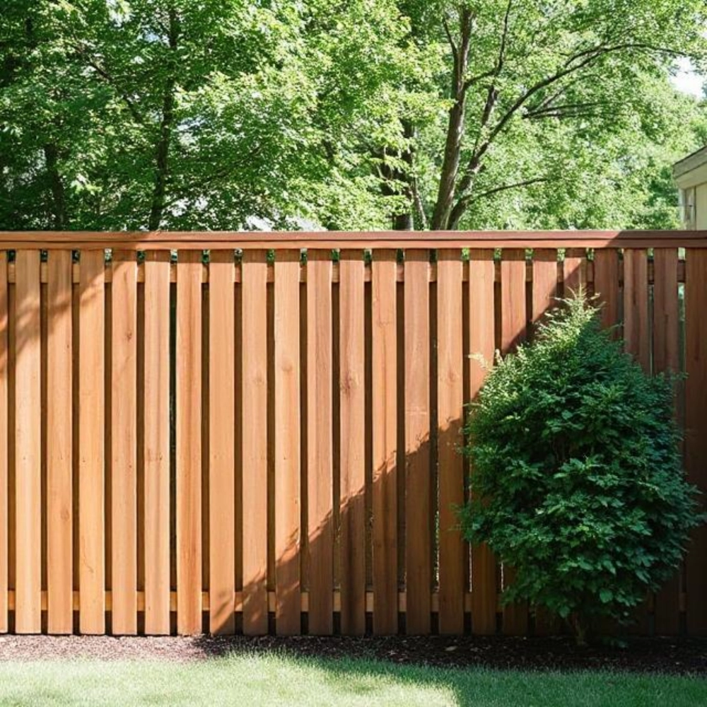 A sunlit privacy fence with vertical wooden slats surrounded by green trees and bushes in a lush yard in miami valley oh