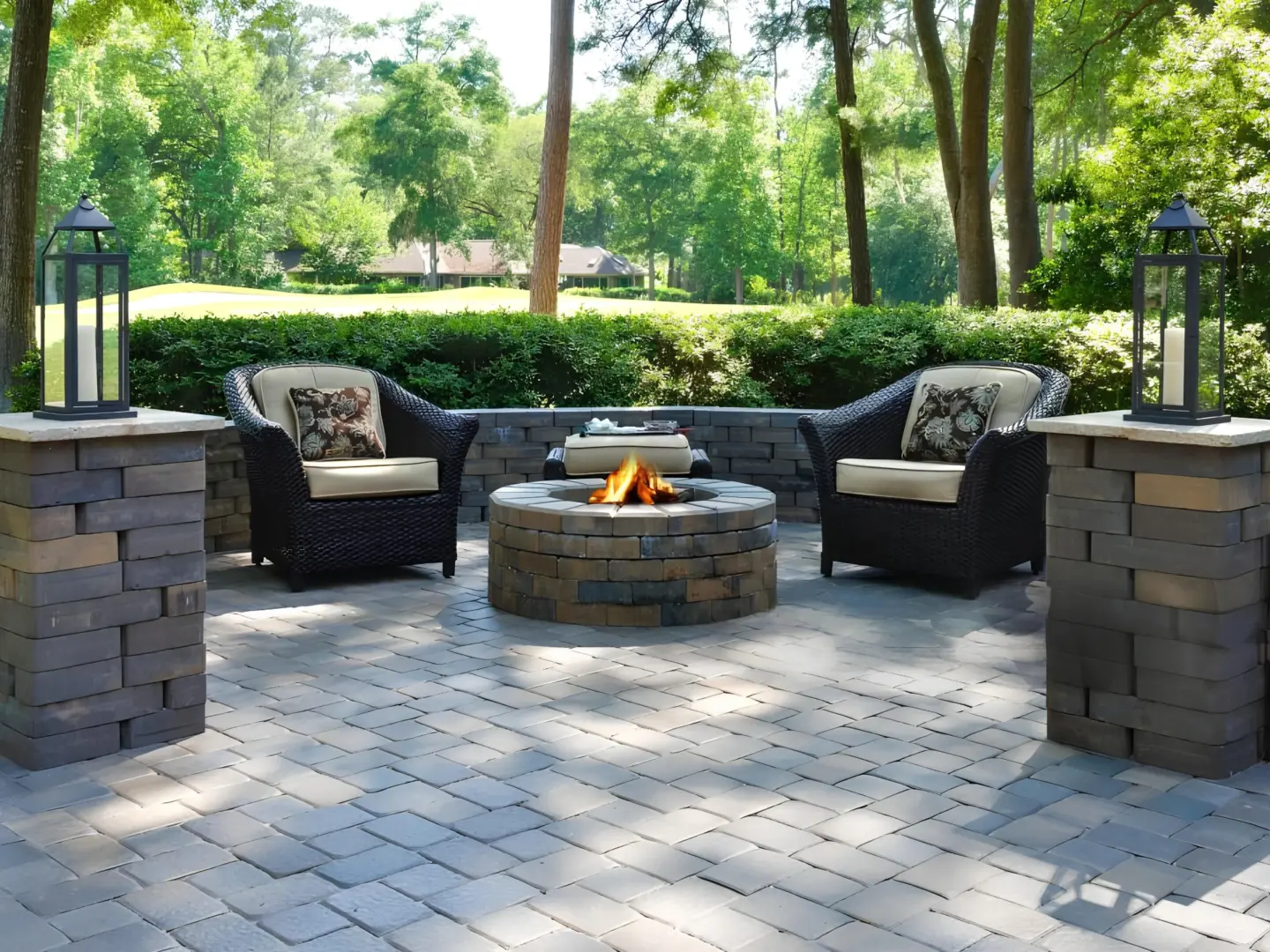 Beautiful outdoor patio with firepit and chairs featuring nature scenery in miami valley oh