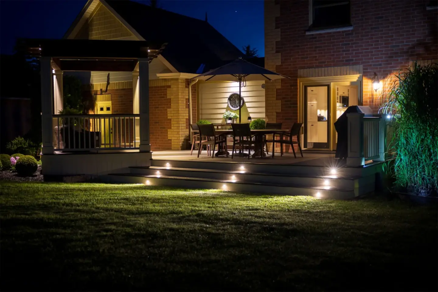 Commercial deck with stairs steps lights and outdoor living furniture in miami valley oh