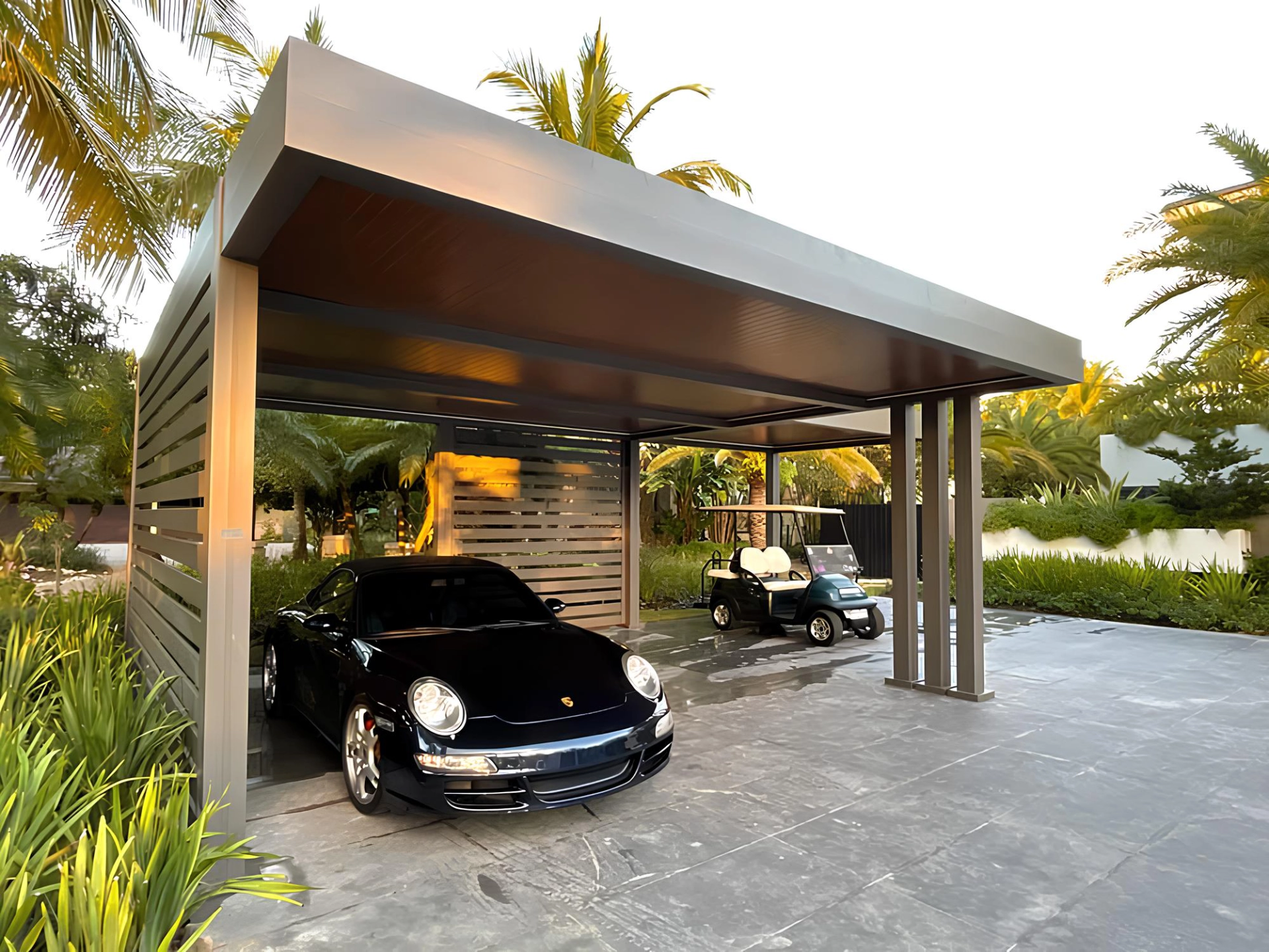 Gray bronze r car led strip wood grain carport featuring grass and trees on the background in miami valley oh