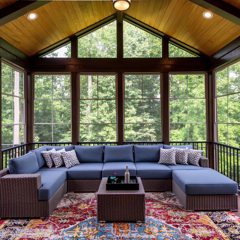Interior of the 3 season sunroom with couch and table featuring trees on the background in miami valley oh