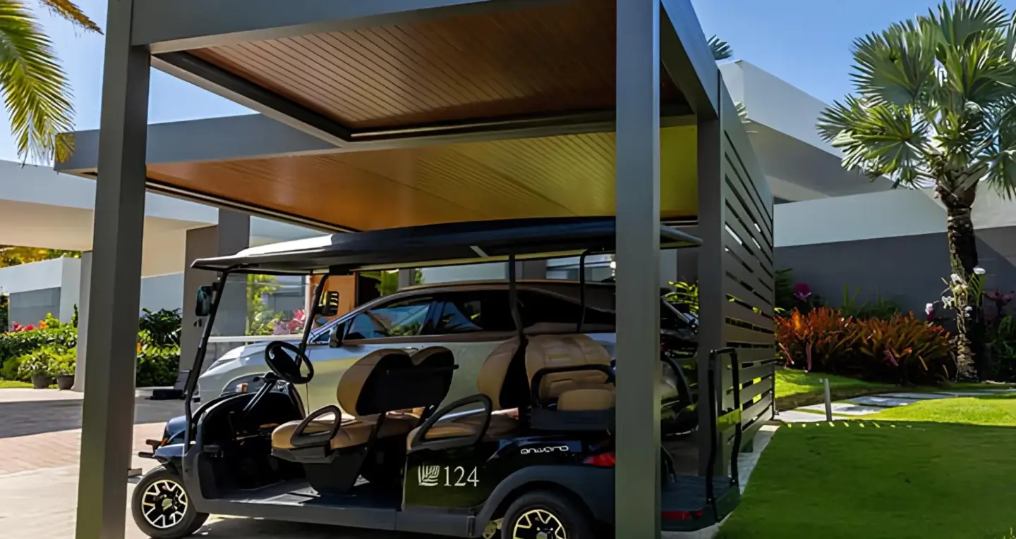 R car wood grain gray carport on the modern house in miami valley oh