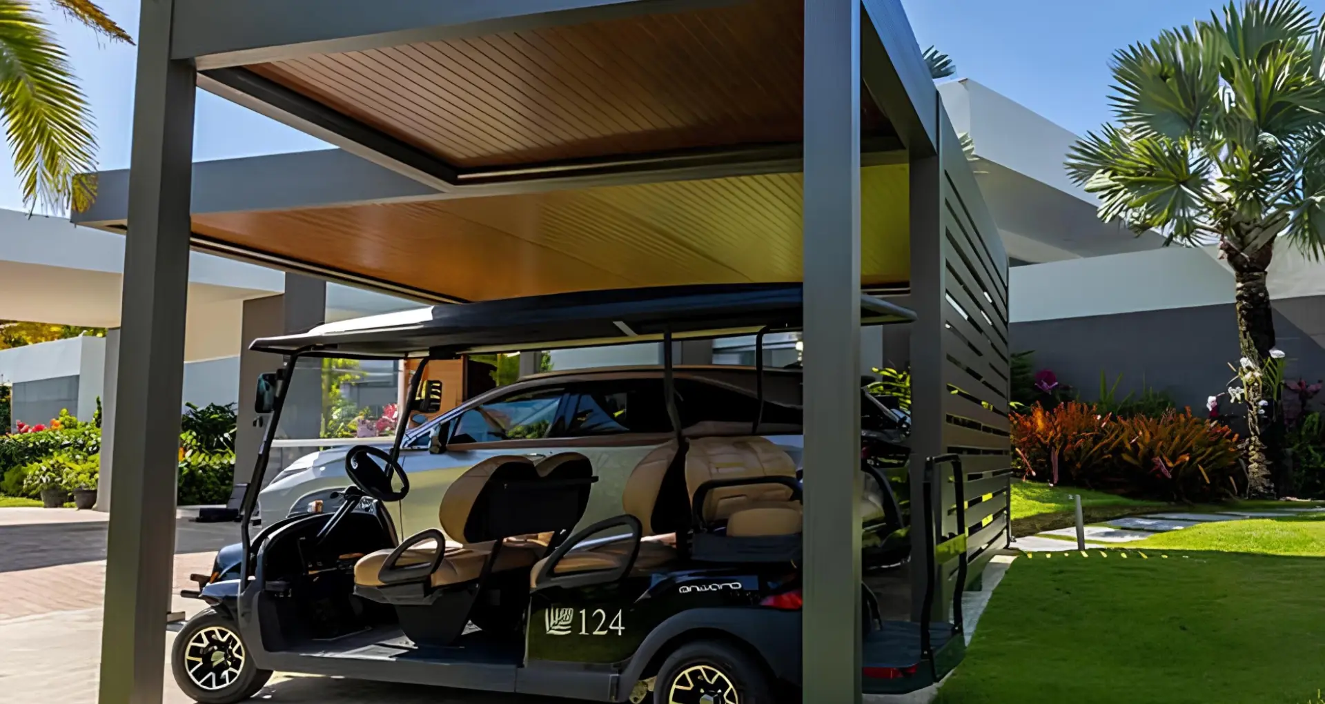 R car wood grain gray carport on the modern house in miami valley oh