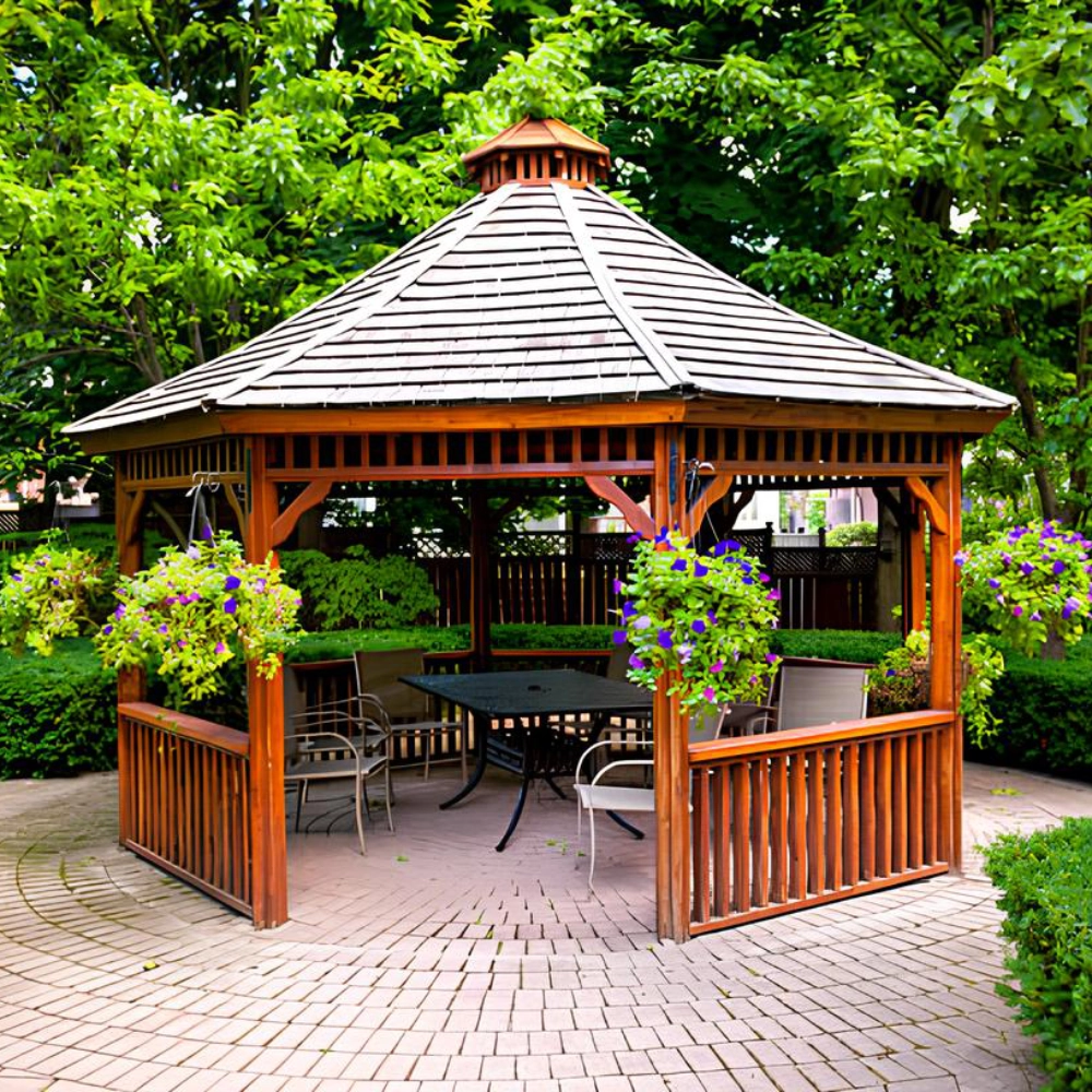 Traditional gazebo with furniture featuring trees and plants on the background in miami valley oh